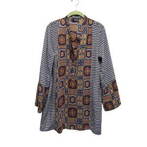 Tolani Womens Blue Orange Mixed Print 100% Silk Tunic Top Small